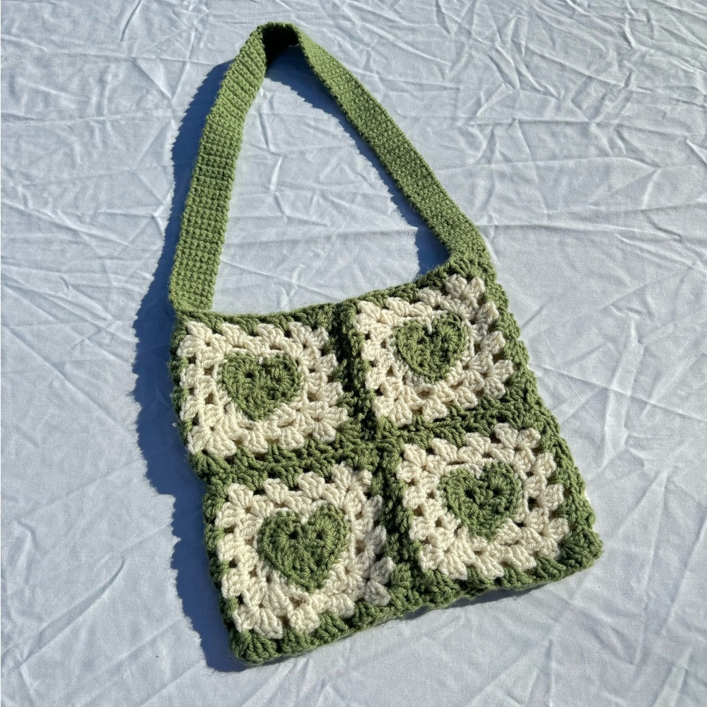 Sage Green Heart Crotchet Bag